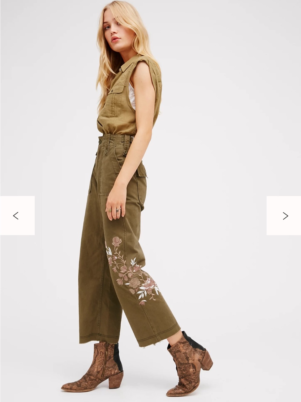 Free People Keep It Real Military Pant Olive Embroidered Floral Cropped Wide Leg